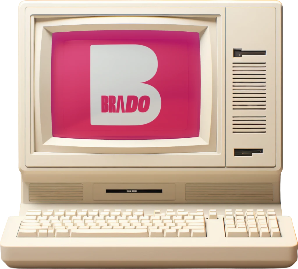 Computador retrô com o monograma da Brado na tela